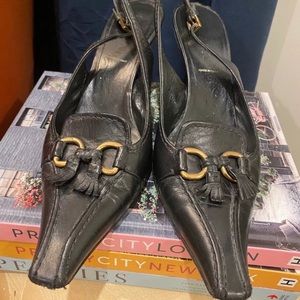 Women's Prada Vintage Leather Sling Back Heel Black Gold Buckle Pump 37.5